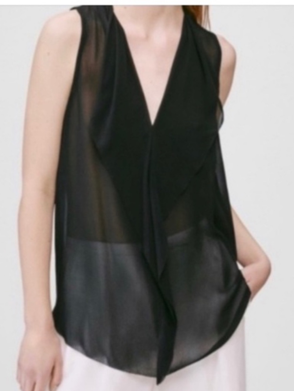 Babaton Silk tank Top with ruffle front black size S sleeveless sheer